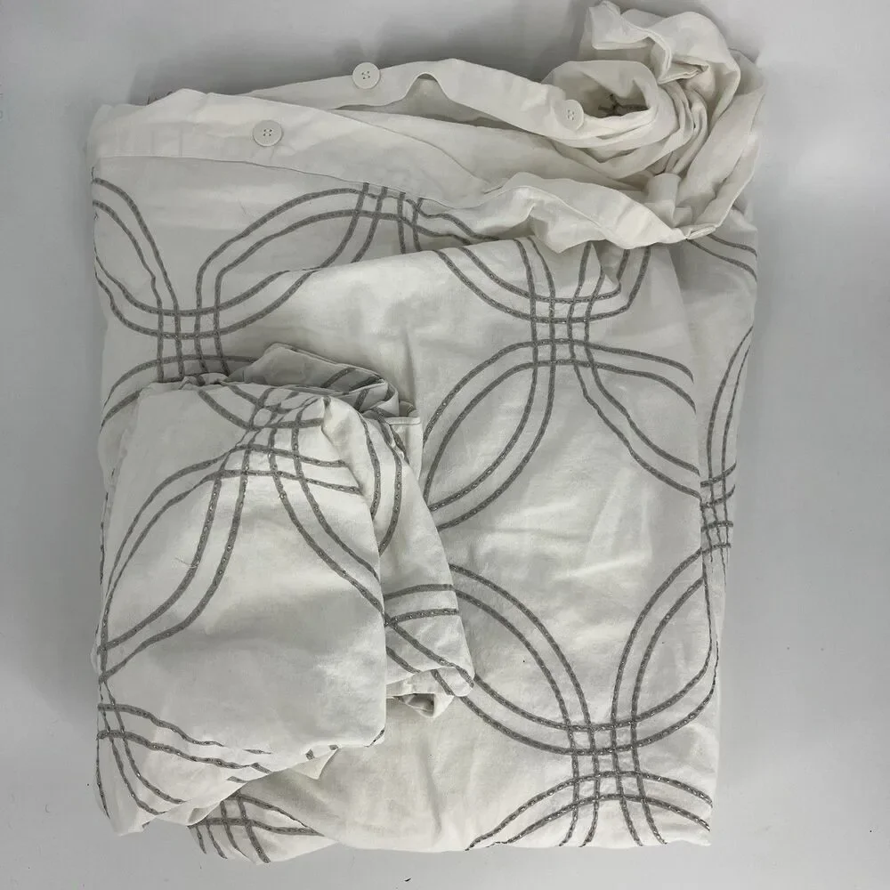 Restoration Hardware Baby Child Duvet Cover 2 Shams Gray White Embroidered Full